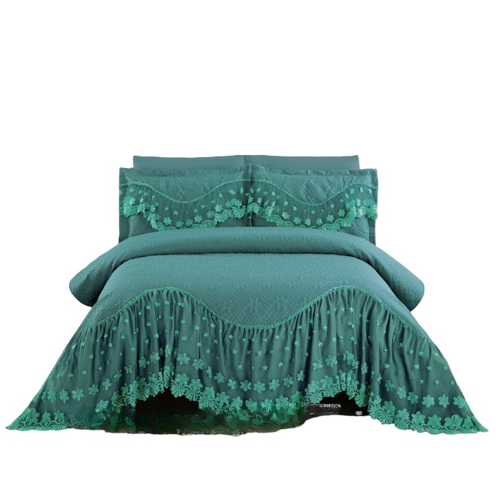 Cuvertura si 2 fete de perna, cu Volanase Brodate, 2 persoane, 3 piese, 220X280cm, Verde turcoaz
