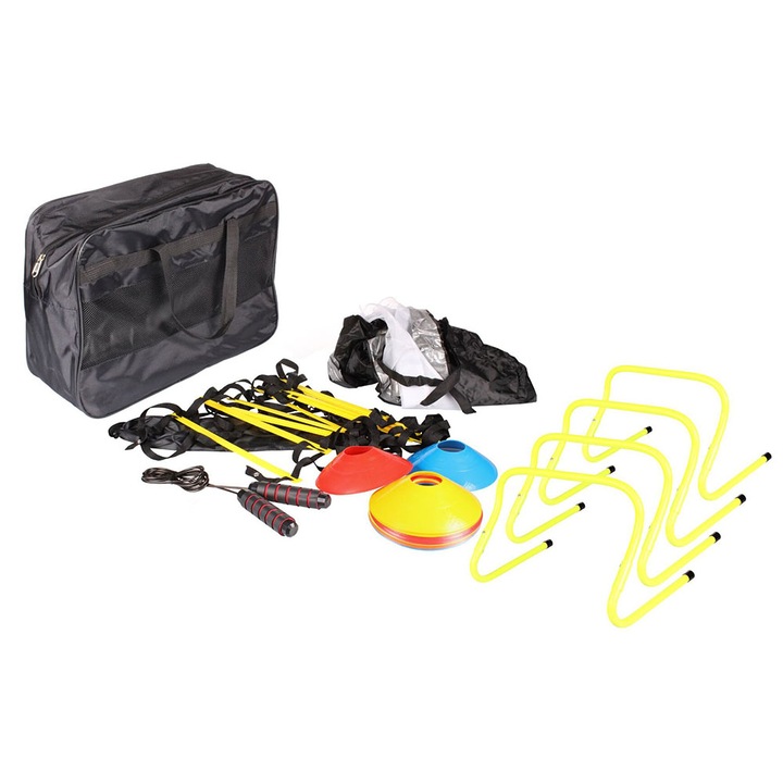 Kit antrenament agilitate Merco Advanced, contine 4 gardulete, 20 copete, 1 scarita, 1 parasuta alegare, 1 coarda sarituri, include geanta de transport