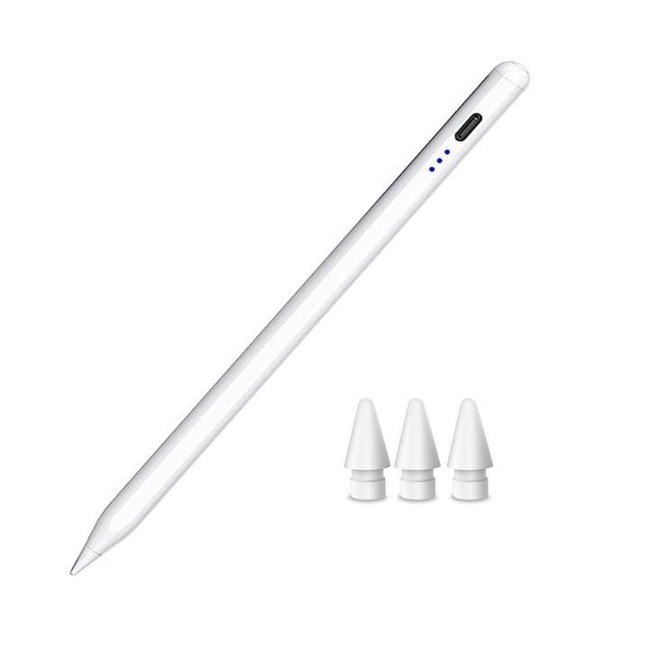 Professzionális Stylus Touch Pen, zggzerg, 3 tartalék fejjel, Apple iPad kompatibilis toll, érintésvezérlés, késleltetés nélkül, tenyér-elutasító funkció, dönthető funkció, mágneses kialakítás, valós idejű tápkijelző, USB-C, fehér
