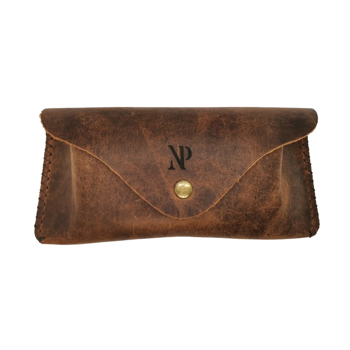 Toc de ochelari soare sau vedere, cu magnet din piele naturala, Maro