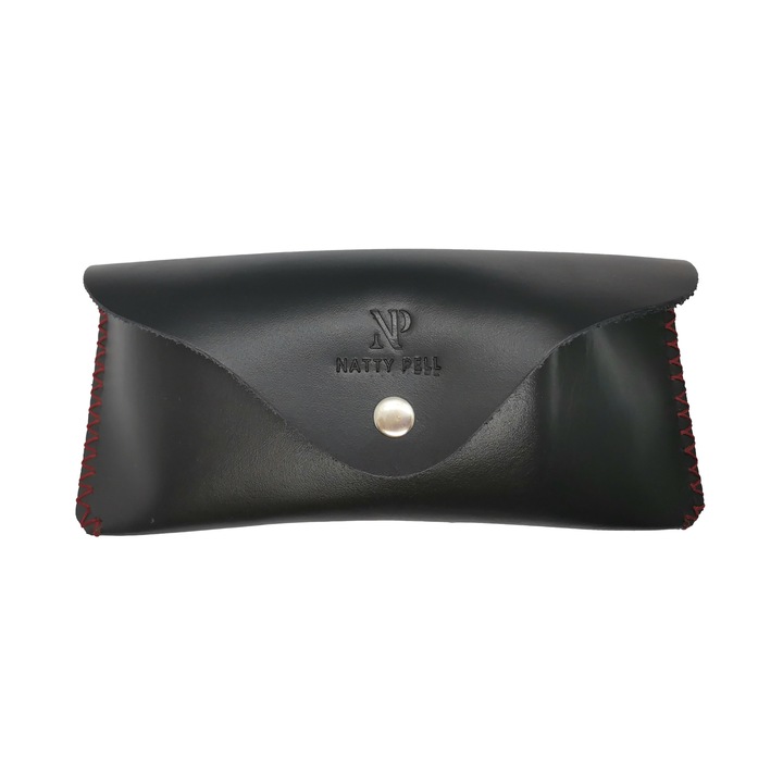 Toc de ochelari soare sau vedere, cu magnet din piele naturala, Negru cu ata rosie