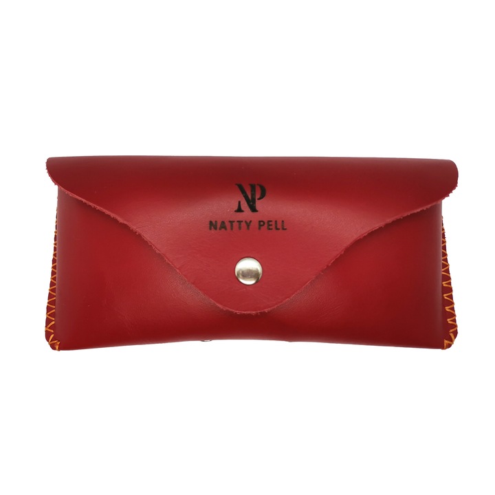 Etui ochelari de soare sau vedere, cu magnet din piele naturala, Rosu cu ata portocalie