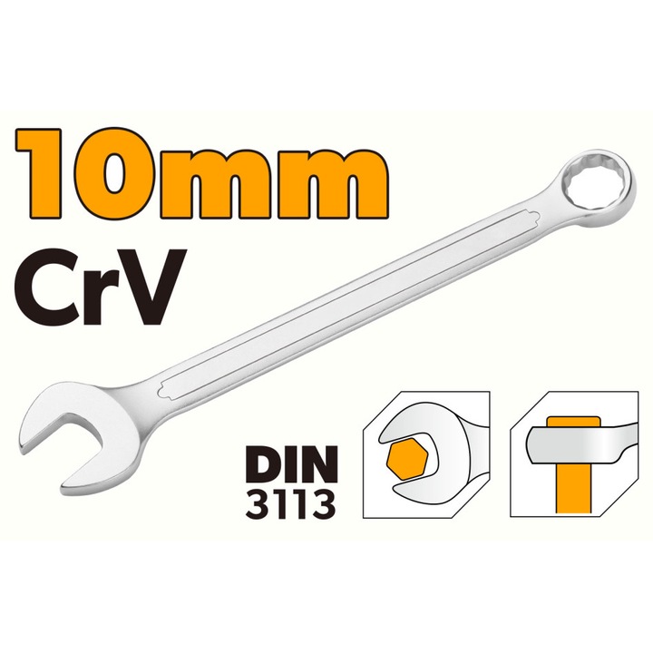 Cheie de Piulite Combinata TOLSEN 10 mm, Cr-V Industrial, Conform DIN3110, Finisaj Cromat Mat