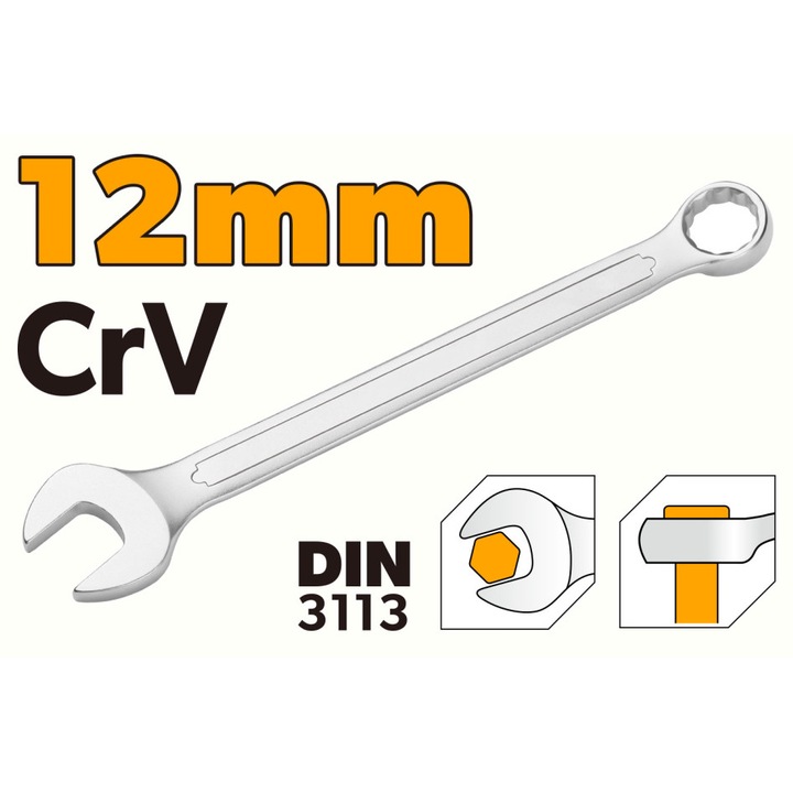 Cheie de Piulite Combinata TOLSEN 12 mm, Cr-V Industrial, Conform DIN3110, Finisaj Cromat Mat