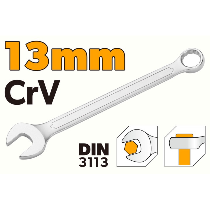 Cheie de Piulite Combinata TOLSEN 13 mm, Cr-V Industrial, Conform DIN3110, Finisaj Cromat Mat