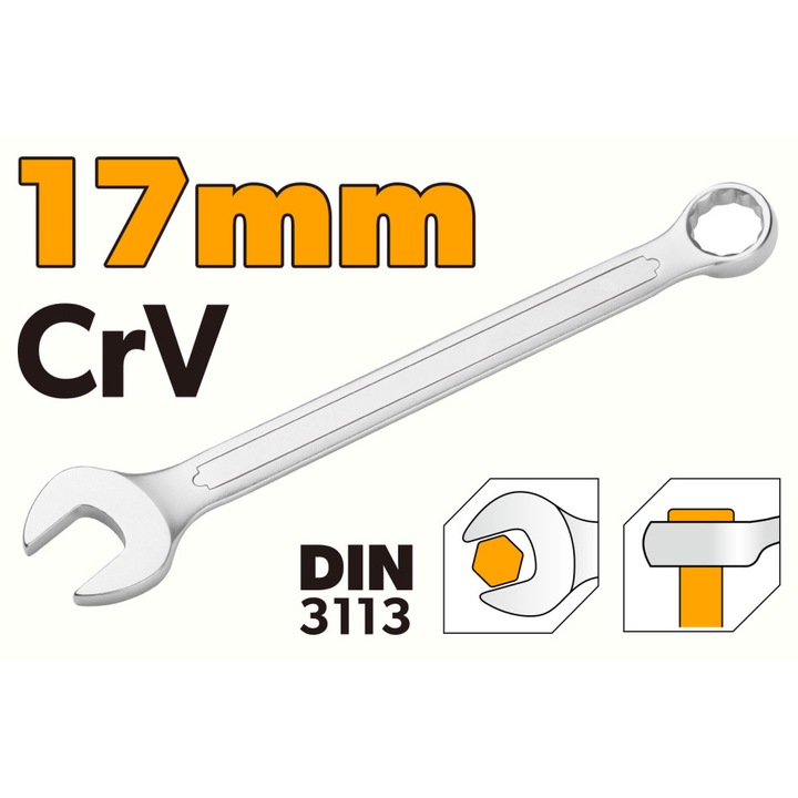 Cheie de Piulite Combinata TOLSEN 17 mm, Cr-V Industrial, Conform DIN3110, Finisaj Cromat Mat