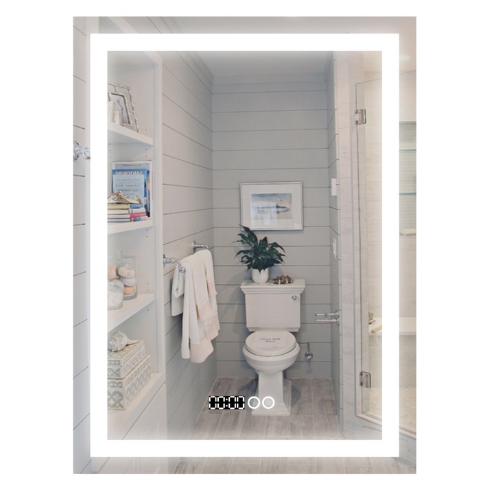 Fürdőszoba tükör LED világítással, páramentesítő funkcióval, órával és hőmérővel 60 x 80 cm F203 óra