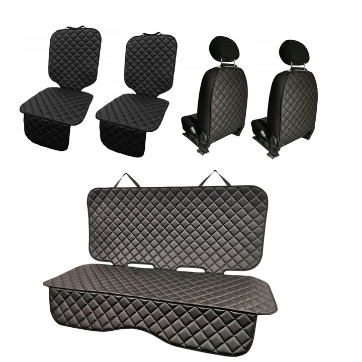 Set 5 protectii auto matlasate, din piele ecologica, pentru scaune fata-spate, universale, negre, lavabile, impermeabile, Metru Patrat