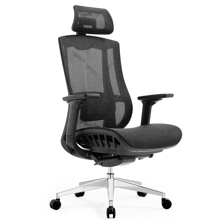 Scaun de birou ergonomic, Soft Spot, Proffice 4 Black on Black, Negru, Full Mesh, Tetiera 2D, Brate 3D, Suport Lombar 2D, Reglare Inaltime, Reglare Sezut, Control tensiune si blocare inclinare