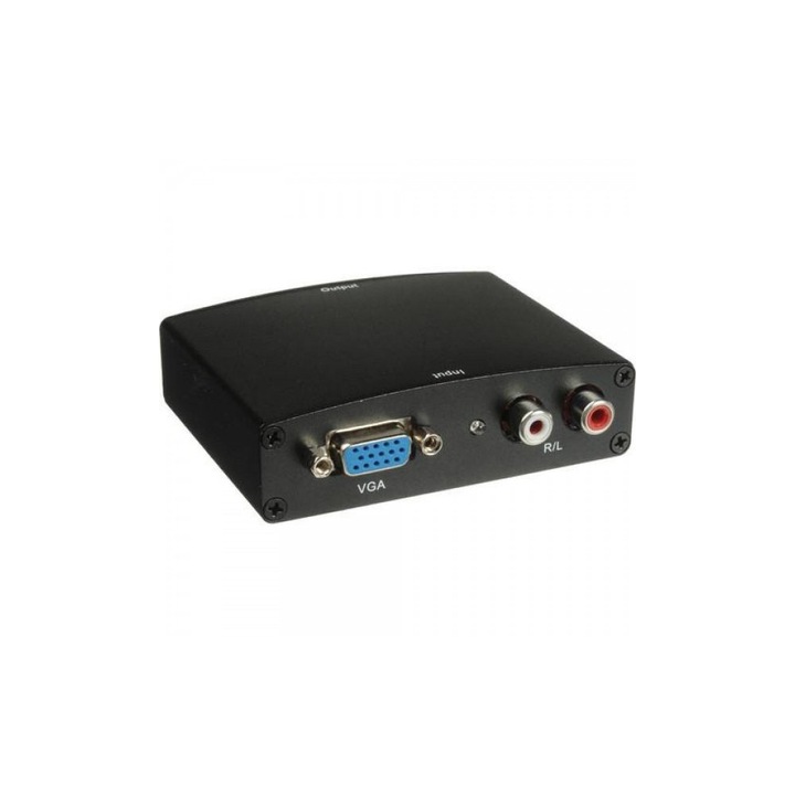 Convertor video DeTech VGA la HDMI cu audio, 1080p, 85x73x28mm, alimentator inclus