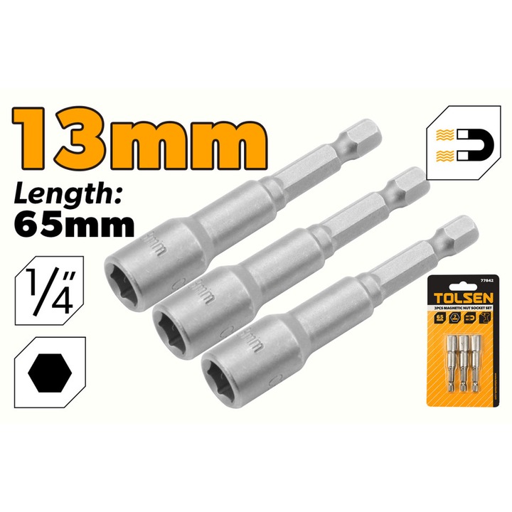 Set 3 mufe piulita magnetice 13mm TOLSEN, lungime 65mm, din otel 40Cr, cu magnet puternic, prindere hexagonala 1/4" cu eliberare rapida, pentru autofiletante si masini de insurubat