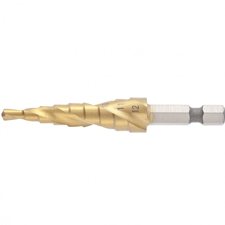 Burghiu in trepte pentru metal, 4-5-6-7-8-9-10-11-12 mm, HSS, profil spirala, coada HEX, MTX