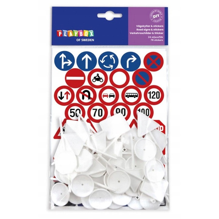 24 db útjelző tábla és 76 db matrica készlet, playbox, polipropilén/papír