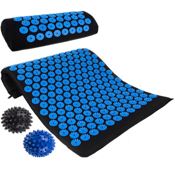 Trizand akupresszúrás matrac párnával és két masszázsgolyóval, 230 rozetta, 6210 nyomáspont, fekete/kék színű