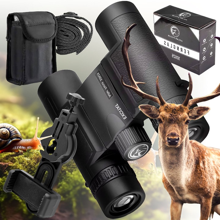 Binoclu HD rezistent la apa 10 x 25 pentru observarea pasarilor, Excitat®, BAK4+FMC, drumetii, cadouri, Negru