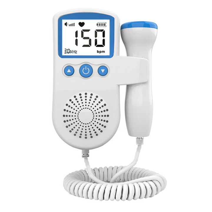 Monitor fetal Doppler pentru masurarea functiilor vitale la fat, Darklove, Cu afisaj LCD si sonda foarte sensibila, Reducerea inteligenta a zgomotului, Compatibil cu casti si difuzoare, Plastic, Albastru