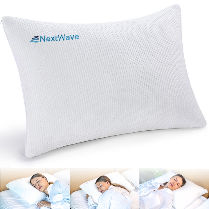 Perna ortopedica pentru dormit ajustabila NextWave®️, Spuma cu Memorie Maruntita pentru Gat si Suport Cervical, 2 Zone de Confort, Husa lavabila, Ideala pentru dormitul lateral, spate sau stomac