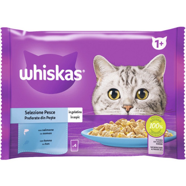 Hrana umeda pentru pisici Whiskas Adult cu somon si ton in aspic 4x85 g
