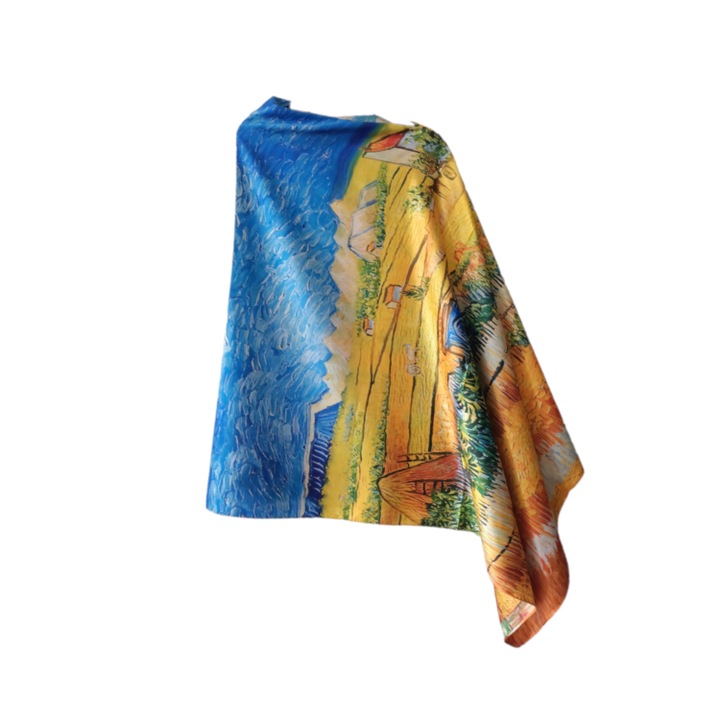Esarfa Dama Tip Sal cu 2 Fete, Imprimeu tip Pictura, Matase, 180x72 cm, Rosu/Galben/Albastru
