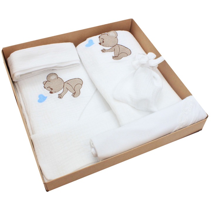 Trusou botez din muselina, 7 piese, ursulet cu inimioara albastra, brodat, alb