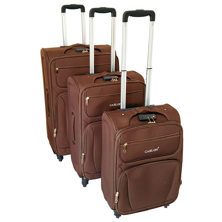 Комплект куфари, 3 броя, 4 колелца, 3 размера, Текстил, TRC31, Кафяв