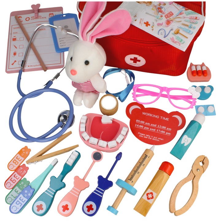 Set 38 piese joaca doctor, Lemn/Plastic, Multicolor, 3+