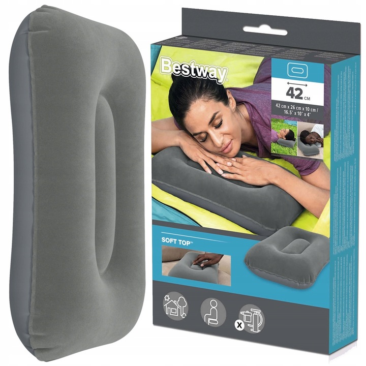 Надуваема възглавница за пътуване, Bestway, PVC/Велур, 42x26x10 см, Сива