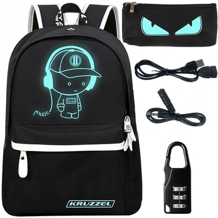 Ученическа раница за момче, Kruzzel, ярка + аксесоари, бяло/черно