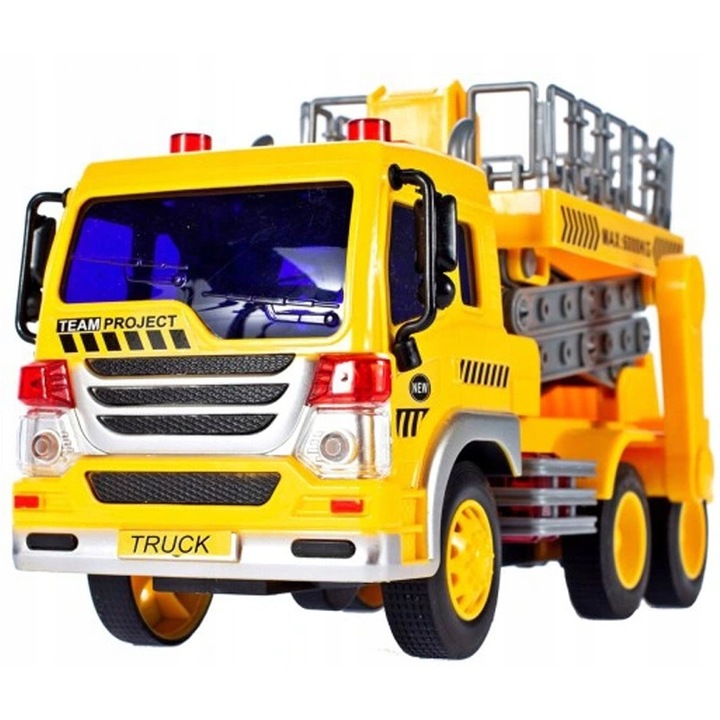 Camion de constructii cu lift auto Stator, Sunete si lumini, 1:16, Plastic, Galben