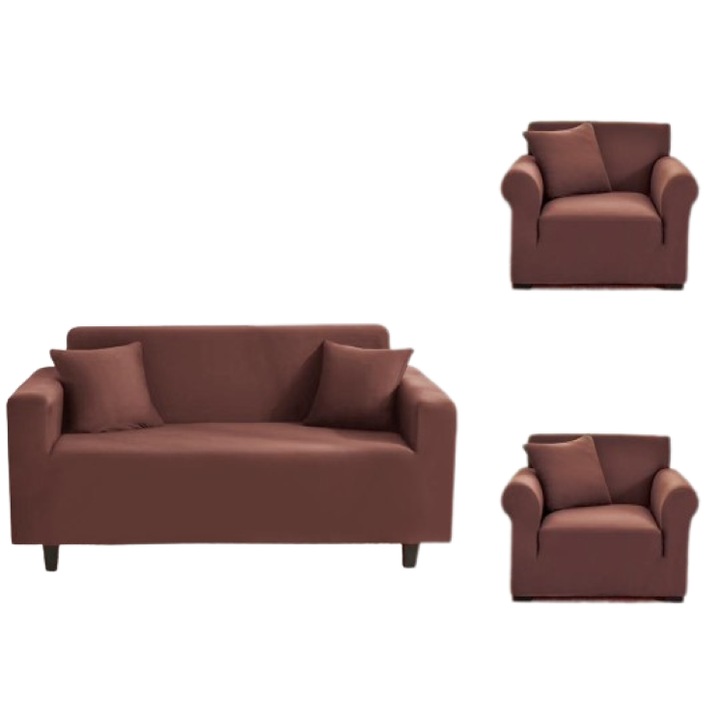 Husa elastica canapea si 2 fotolii, Uni, 180x230cm/90x140cm, Maro