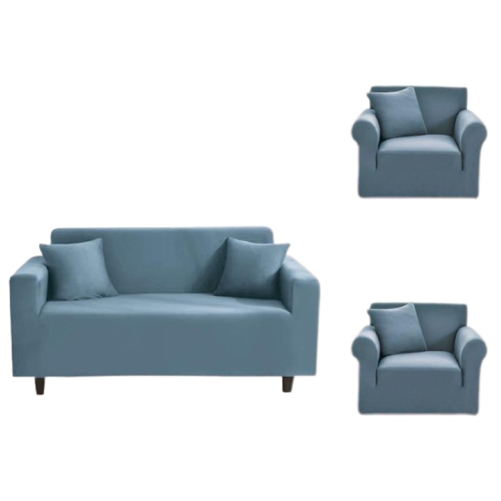 Husa elastica canapea si 2 fotolii, Uni, 180x230cm/90x140cm, Gri Albastrui