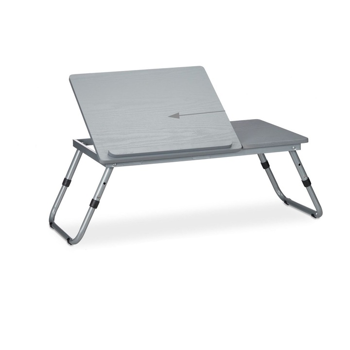 Masa pentru laptop cu inaltime reglabila, pliabila, suprafata de lucru inclinabila, masa de pat pentru laptop, MDF, gri, 44x73x34,5 cm