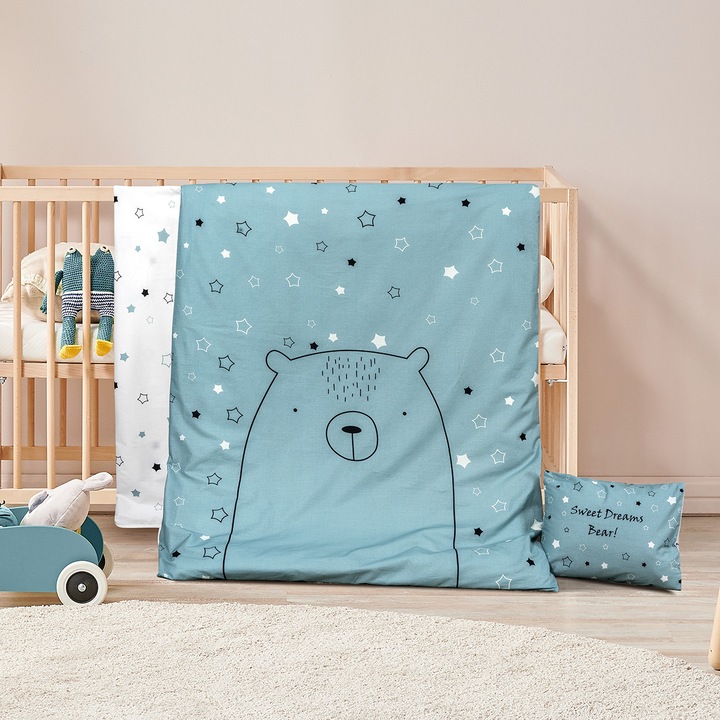 Lenjerie patut bebelusi, Bumbac, Beauty Home, 3 piese, 120X160/35X45 cm, Bear
