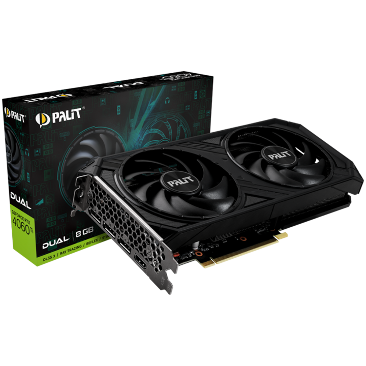 Видео карта Palit RTX 4060Ti Dual 8GB GDDR6, 128 bits, 1x HDMI 2.1, 3x DP 1.4a, two fan, 1x 8-pin Power connector, recommended PSU 650W, NE6406T019P11060D 4710562243925_3Y