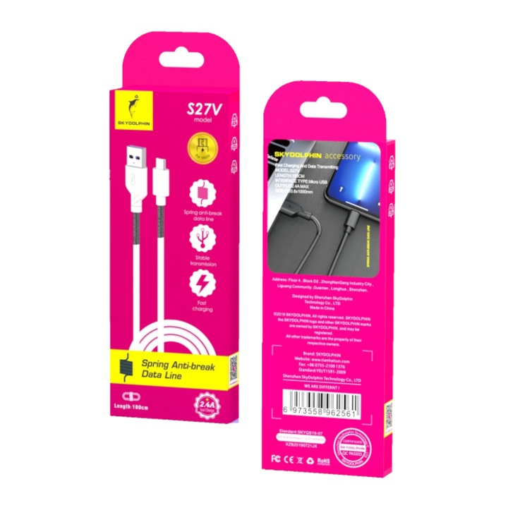 Cablu USB, SkyDolphin, Micro USB, 2.4A, 1m, Alb