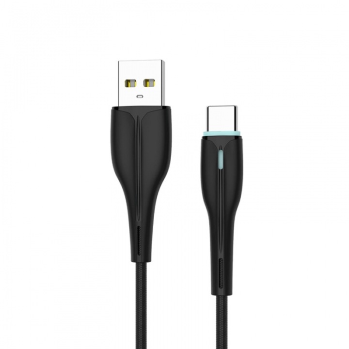 Cablu USB, SkyDolphin, S48T, LED, USB C, 3A, 1m, Negru