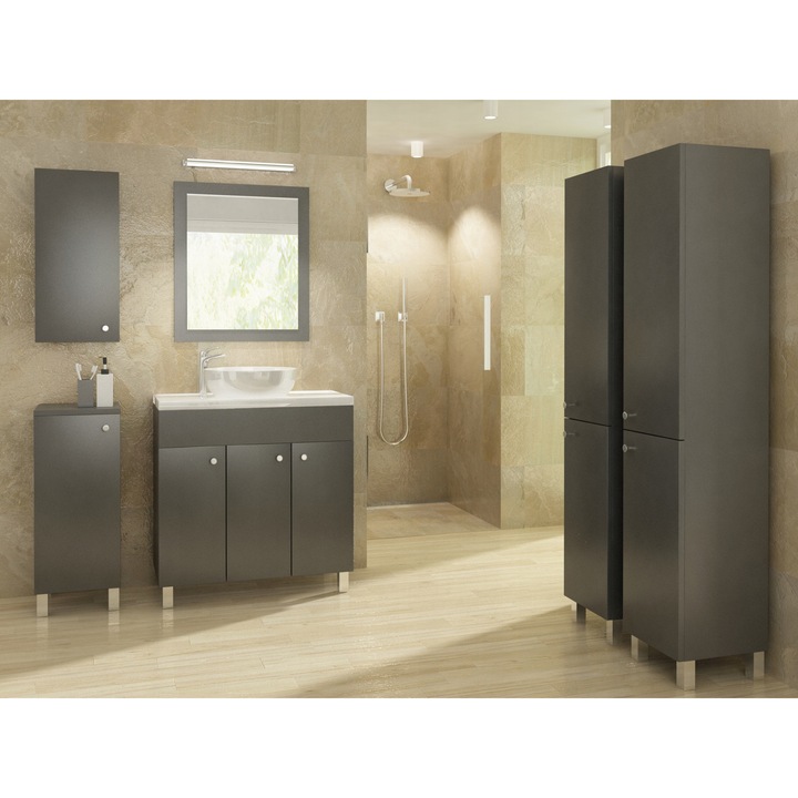 Dulap De Baie, paplinskimoebel, Iga, Grafit Mat Cu Blat Alb Lucios, 80 Cm, Picioare Metalice Reglabile, Manere Cromate, Spatiu De Depozitare Generos, Potrivit Pentru Lavoare, Rezistent La Umiditate, Design Modern, Perfect Pentru Bai Mici Si Mari