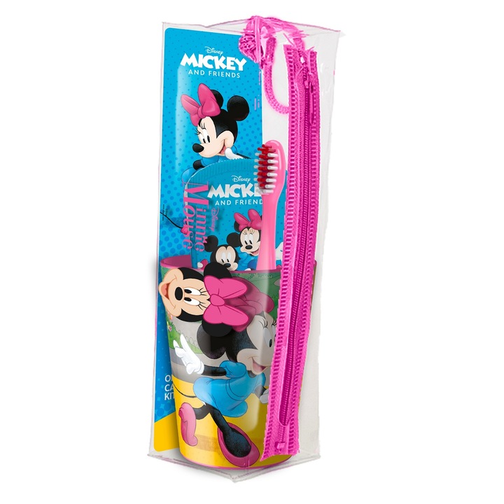 Детски комплект за пътуване Mr.White Minnie Mouse Четка за зъби с вендуза, чаша за вода и детска паста за зъби с вкус на мента 75 мл