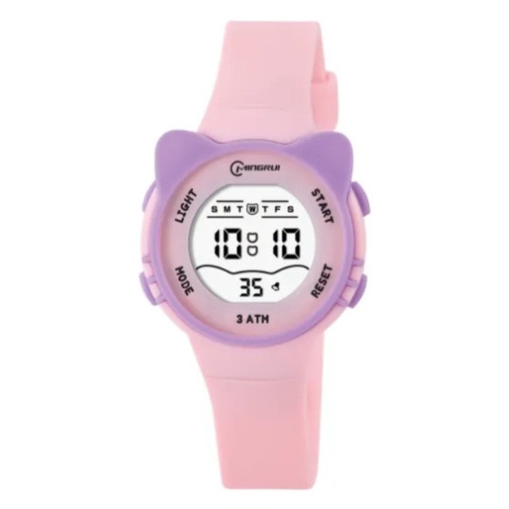 Ceas digital de copii, Mingrui MR2206L, model kitten, data, iluminare, rezistent la apa 3atm, roz