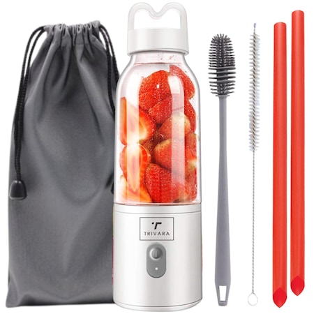 Mini Blender Electric, Trivara™, Portabil si Multifunctional, 500 ml, Baterie Reincarcabila 4000 mAh, 4 Lame din otel inoxidabil, Perie de Curatare, 2 Paie Reutilizabile, Saculet Depozitare