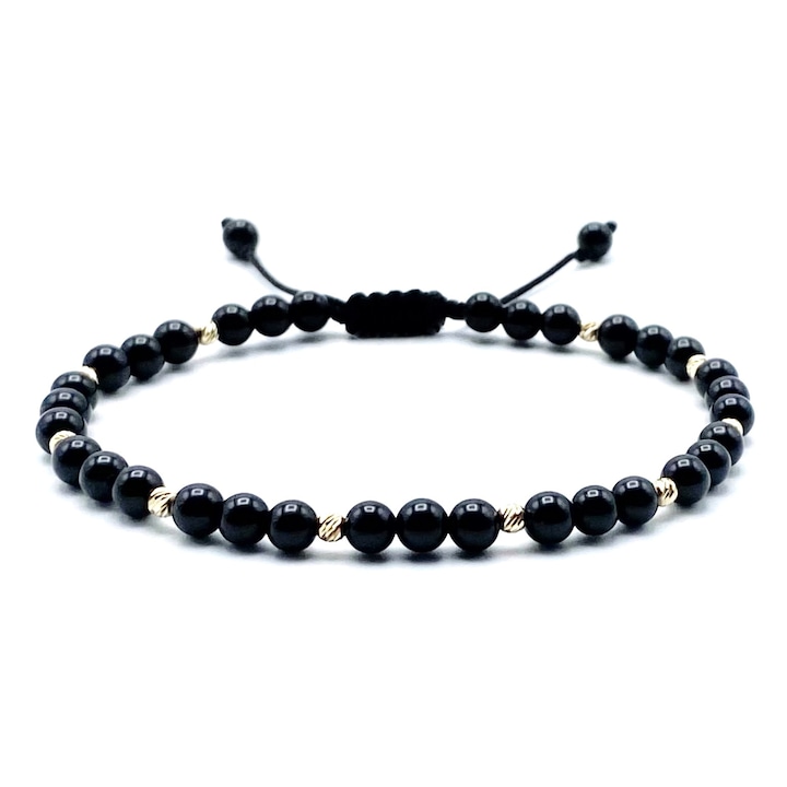 Bratara cu bile AUR 14K si pietre naturale ONIX, snur reglabil