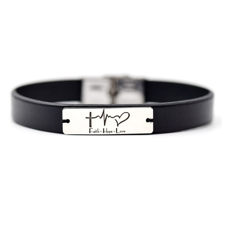 Bratara piele naturala Heartbeat, Faith Hope Love placuta Argint 925