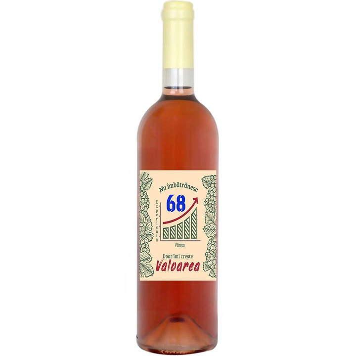 Set personalizat sticla de vin rose, demisec, 750 ml si punga de cadouri cu imprimeu Nu Imbatranesc, creste valoarea 68 ani