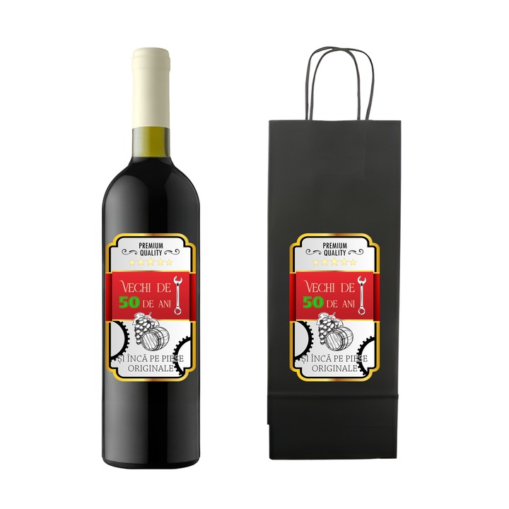Set personalizat sticla de vin rosu, demisec, Feteasca Neagra, 750 ml si punga de cadouri cu imprimeu Vechi de 50 ani si inca pe piese originale