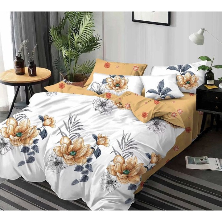 Set Lenjerie de pat dublu, 2 persoane, Pucioasa, Bumbac, Finet, 6 Piese, Cearceaf de pat 245 x 250 cm, Cearceaf pilota 200 x 230 cm, 2 fete de perna 70 x 70 cm, 2 fete de perna 55 x 80 cm, Alb/Mustar, Doua fete, Model floral, PUC-0037