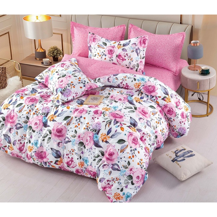 Спално бельо, чаршаф с ластик, Jojo Home, Floral Print, 6 части, 2 лица, 245x250cm, Finet Superior, Pink Multicolor