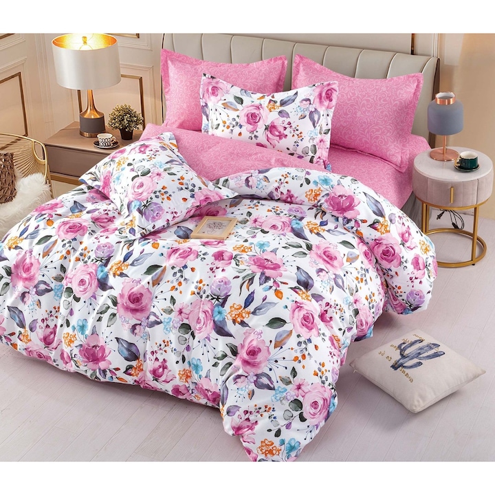 Lenjerie de pat, cearsaf cu elastic, Jojo Home, Imprimeu Floral, 6 piese, 2 persoane, 245x250cm, Finet Superior, Roz Multicolor