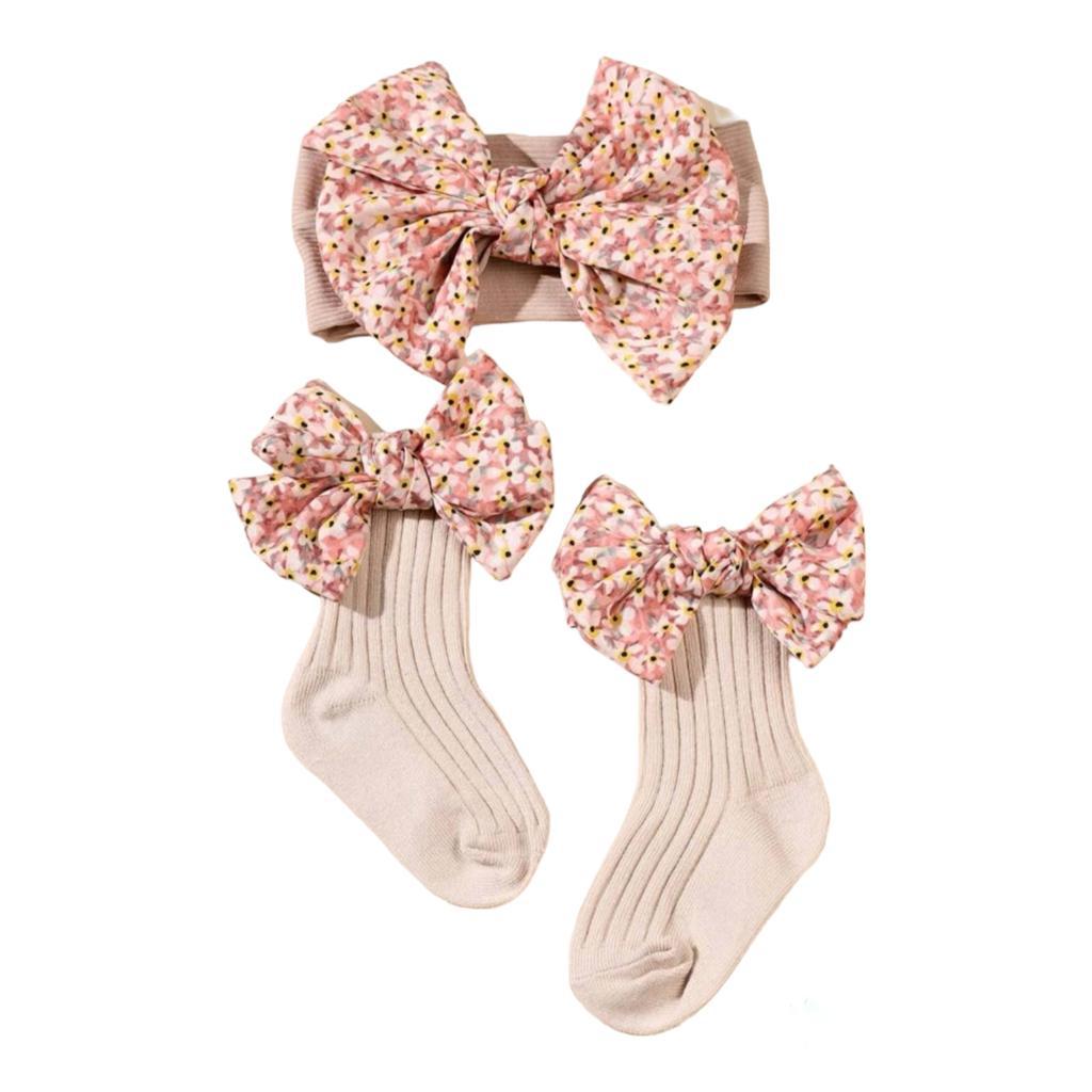 Set bentita si sosete, cu fundita pentru fete, 0-2 ani, Crem/Roz - eMAG.ro
