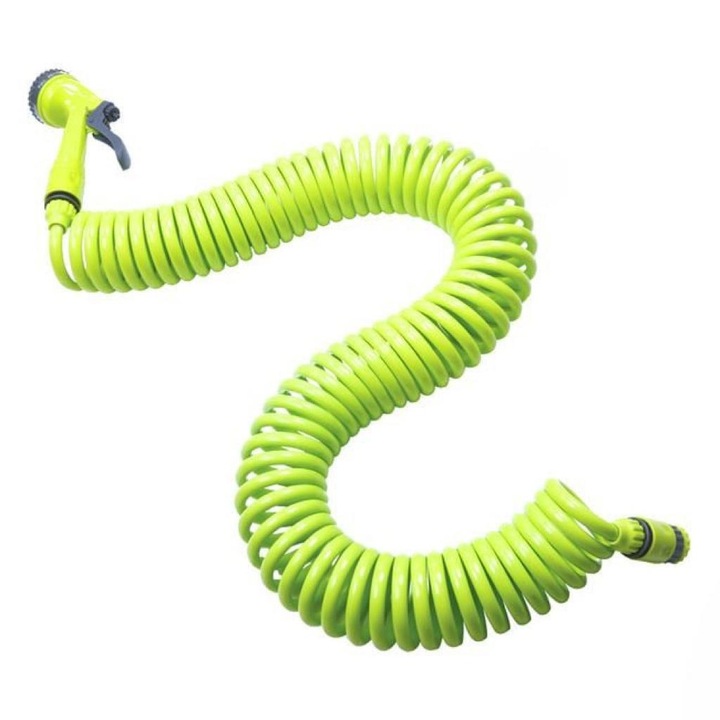 Spirális öntözőtömlő pisztollyal, zöld, 15m