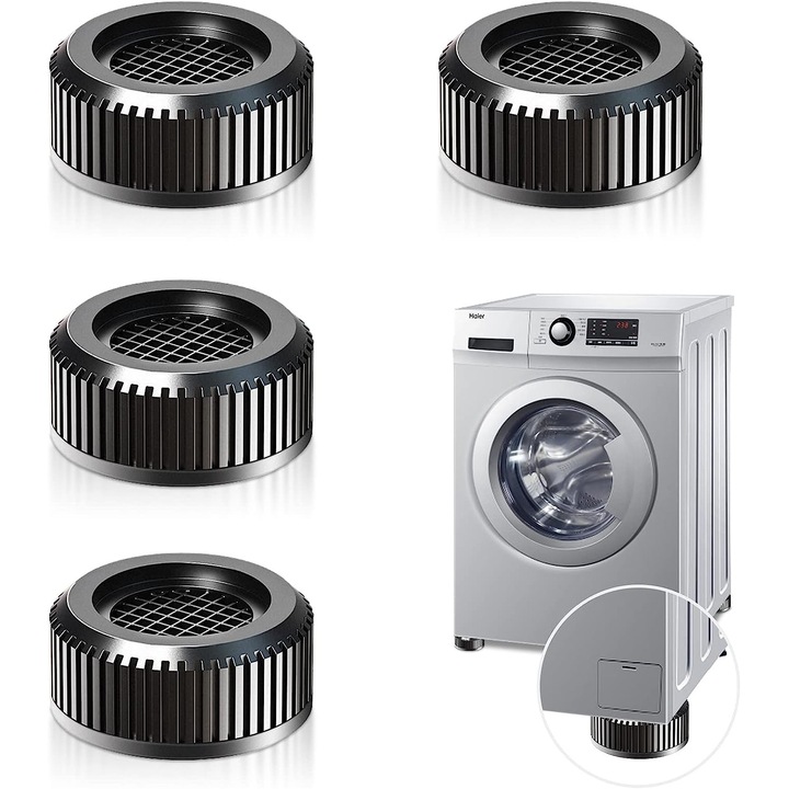 Set 4 picioruse antivibratii pentru masina spalat, Cauciuc/Polipriopilena, 3.3x7.5 cm, Negru